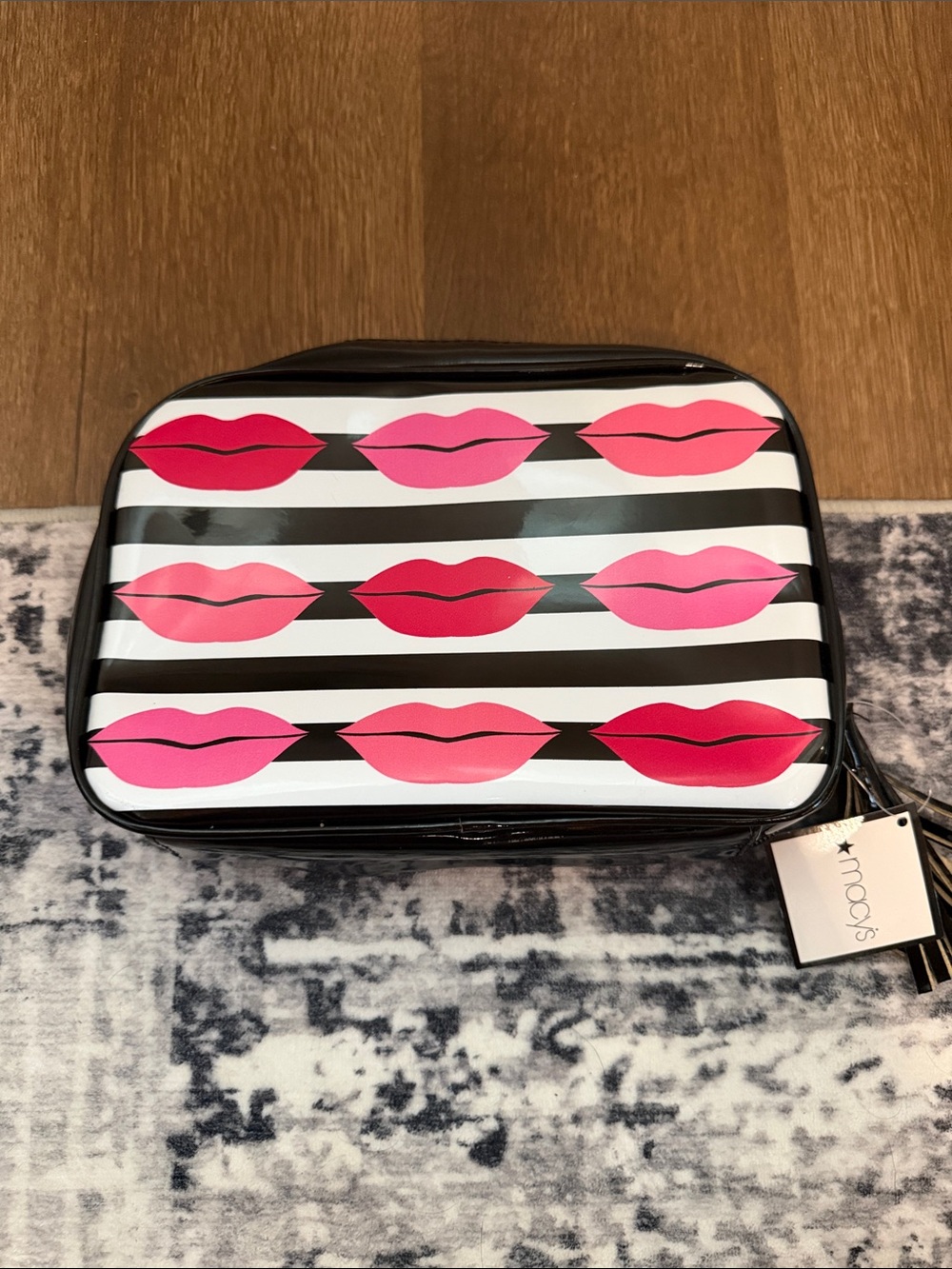 Macy's Black & White Stripe Cosmetic Case with Pink and Red Lips